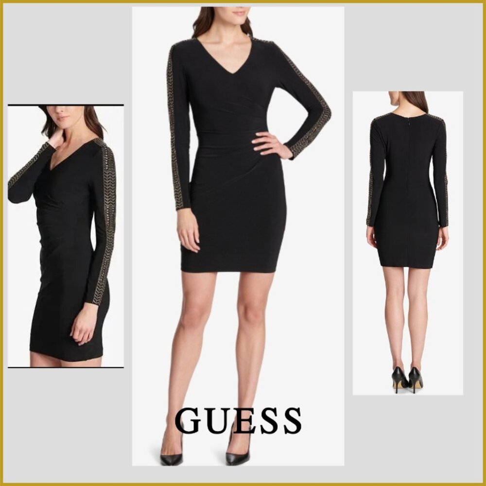 GUESS Black Embellished Long Sleeve Bodycon Dress | Size M